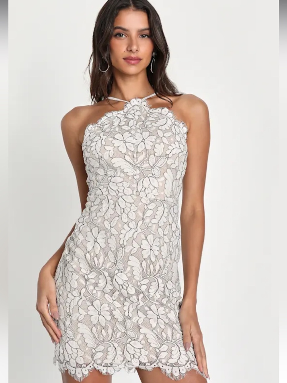 Lulu's Halter-Neck Lace Overlay Dress in Ivory